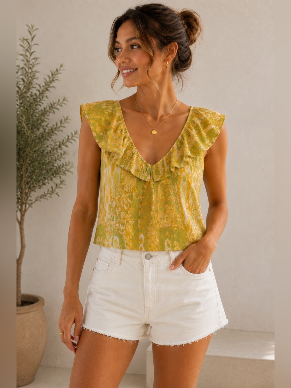 Zara Yellow and Lime Ruffle V-Neck Camisole
